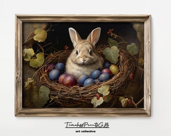 Impresión vintage de conejo de Pascua: Conejo en nido con huevos pintados (descarga digital)