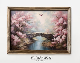 Butterfly Cherry Blossom Bridge Art Print: Pink Forest Landscape (Digital Download)