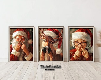 Funny Santa Bathroom Print Set: Christmas Reindeer Art (Digital Download)