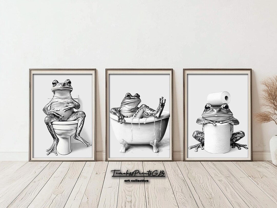 Funny Bathroom Print Set of 3 Frog Wall Art Funny Frog Bathroom Art ...