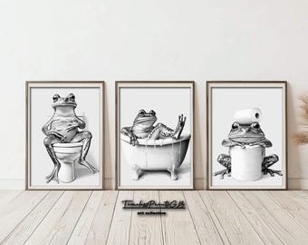 Funny Bathroom Print Set of 3 Frog Wall Art Funny Frog Bathroom Art Printable Animal Home Decor Black & White Bathroom Decor Frog Poster