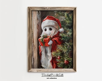 Christmas Ghost Art Print: Santa Hat, Holiday Decor (Digital Download)