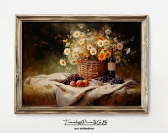 Vintage Picnic Still Life Print: Wine, Flowers, Fruit (Digital Download)