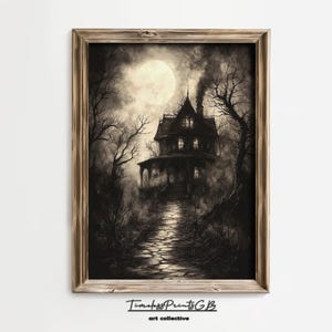 Lámina artística vintage de una casa embrujada espeluznante: Decoración gótica de Halloween (descarga digital)
