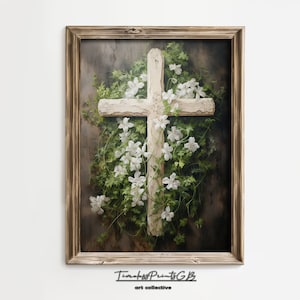 Easter Wall Art Christian Cross with Wildflowers Printable Cross Living Room Decor Religious Painting Wooden Cross Digital Download