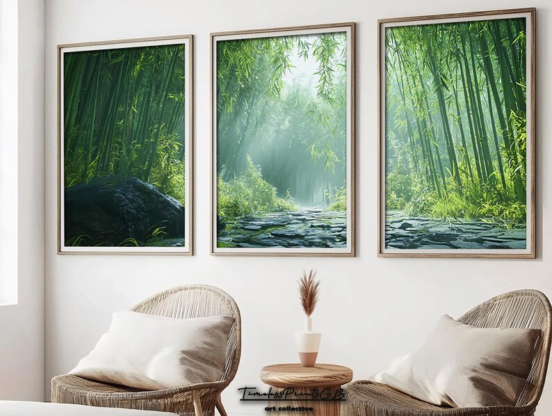 May include: Three framed prints of a lush green bamboo forest with a stone path leading through the center. The forest is illuminated by sunlight streaming through the leaves, creating a sense of tranquility and peace.