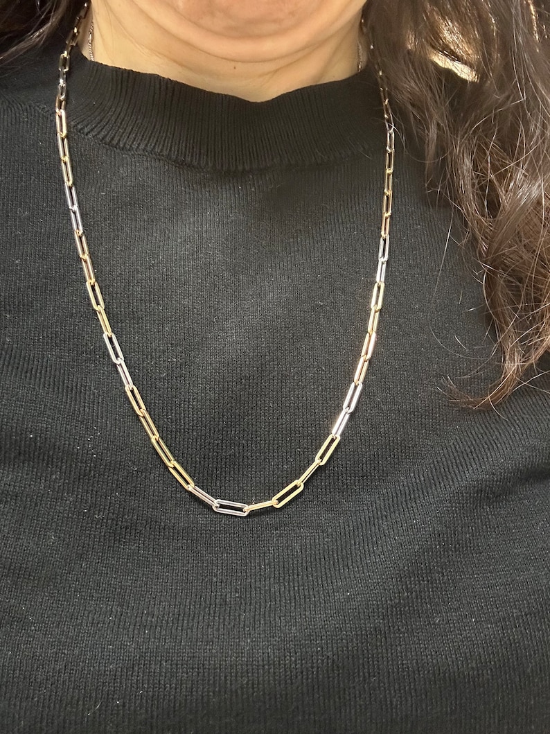 14kt Solid Italian Tri Color Gold Paperclip Link Necklace , 24 Women
