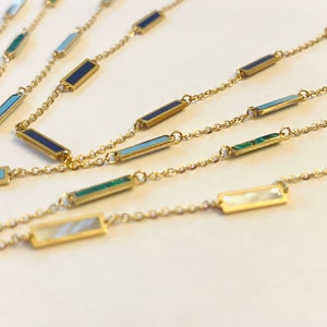 14kt Solid Italian Yellow Gold Bar Station Necklace In A Variety of Gems, Mother of Pearl, Onyx, Turquoise, Malachite, Coral, Agate #N30