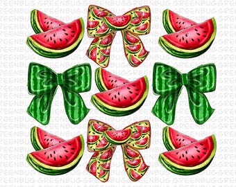 Laço de coquete de melancia PNG, clipart de frutas de verão, sublimação de aquarela kawaii, design fofo de melancia, frutas tropicais, estética retrô de verão