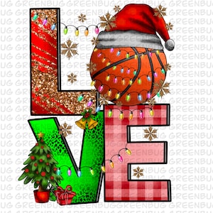 Love Basketball Christmas Png, Love Christmas Png Sublimation Png, Sports Ball Png,Christmas Basketball PNG, Santa Hat, Sublimation Design