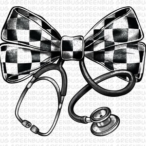 May include: A black and white checked bow tie with a stethoscope. The bow tie is made of fabric and has a distressed look. The stethoscope is made of metal and has a black rubber tube.