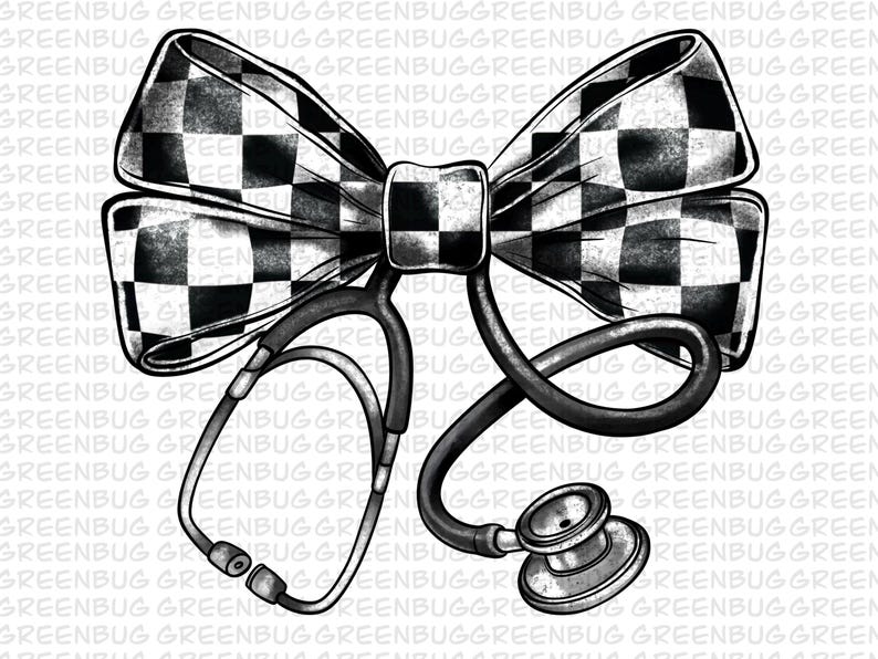 May include: A black and white checked bow tie with a stethoscope. The bow tie is made of fabric and has a distressed look. The stethoscope is made of metal and has a black rubber tube.