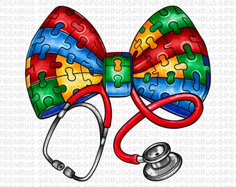 Coquette Autism Nurse Bow Png, Cute Autism Bow Png, Colorul Autism Puzzle, Autism Bow Shirt Design, Autism Sublimation Png Design Download
