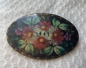 Vintage Hand Painted Lacquered Wood Brooch