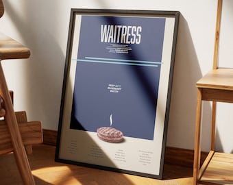 May include: A framed poster with a minimalist design featuring the title "WAITRESS" in white text on a dark blue background. The poster also includes the text "Deep Dish Blueberry Bacon" and a stylized illustration of a blueberry pie.
