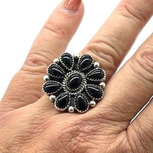 9.5 Onyx Cluster Ring, Sterling Silver, Signed L.B.