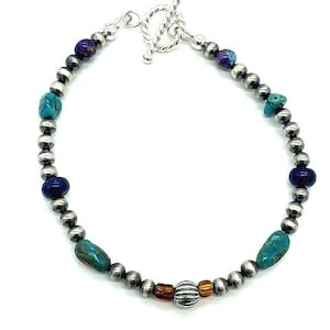 Turquoise, Lapis & Sterling Silver, Navajo Pearl, Bracelet, Boho, Southwestern