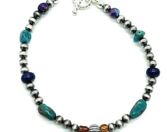 Turquoise, lapis et argent sterling, perle de Navajo, bracelet, bohème, sud-ouest
