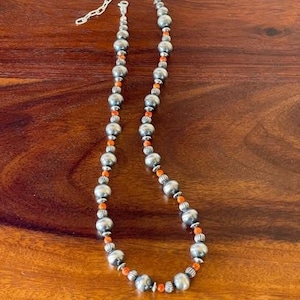 Orange Spiny Oyster & Sterling Silver Pearl Necklace