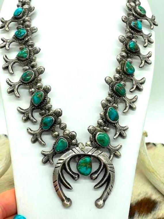 Vintage Blue Gem Mine Turquoise, Squash Blossom Necklace, Handmade