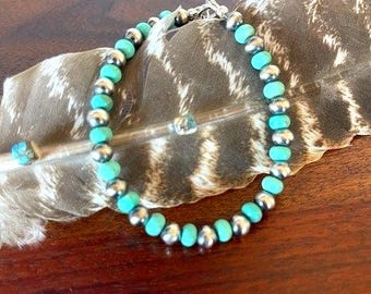 Bracelet en perles de turquoise et en argent sterling, style perle du désert