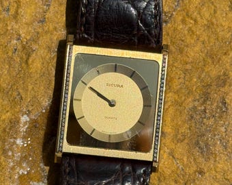 Vintage Sicura Quartz Swiss Made Gold Brown Leather Watch