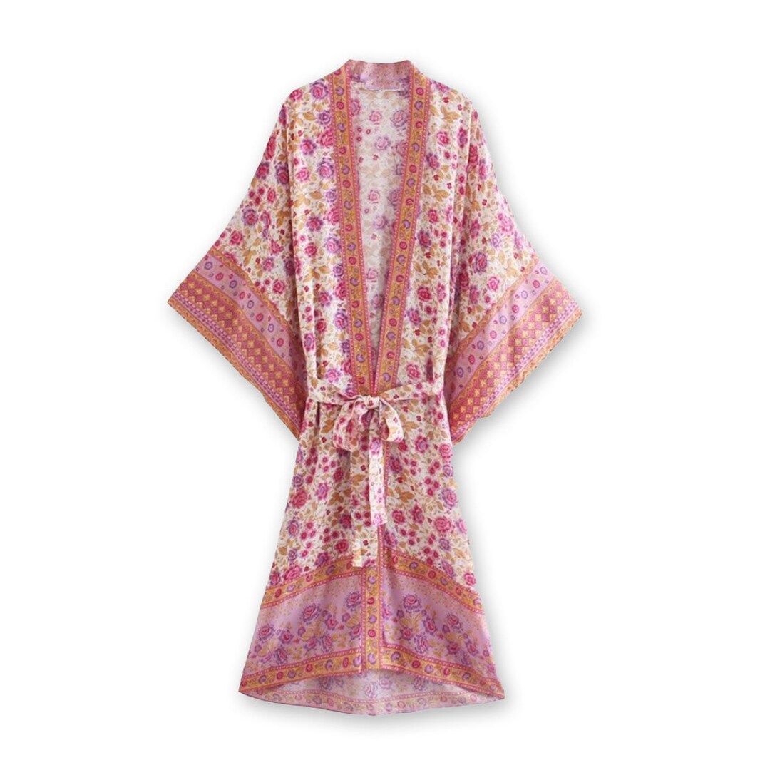 Elegant Pink Kimono Robe, Floral Cotton Robe, Kimono Robes for Women ...