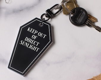 Keep Out Of Direct Sunlight Matte Black and White Coffin Keychain | Laser Cut Matte Black Acrylic