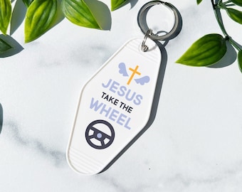 Jesus Take The Wheel Motel Keychain, Cute Retro style Keychain Gift, Housewarming Gift Reminder Christian Gift Keychain