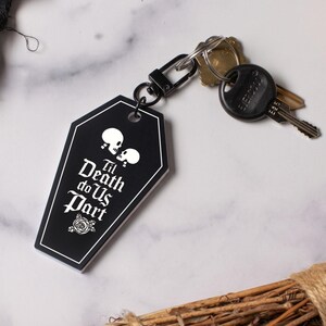 Til Death Do Us Part Matte Black with White Coffin Keychain | Laser Cut Matte Black Acrylic