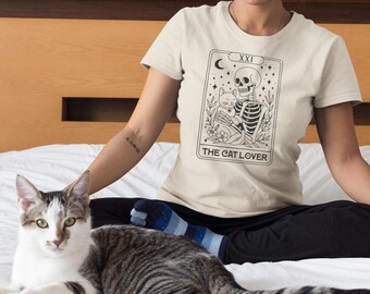 The Cat Lover Tarot Card Unisex Graphic Shirt, Cute Skeleton Tee, Witchy Vibes Cat Lovers Shirt, Tarot Card Gift For Pet Owners