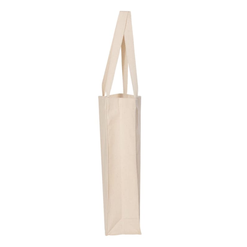 May include: A plain white canvas tote bag with two handles. The bag is empty and standing upright.