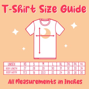 May include: A T-Shirt Size Guide graphic on a peach background. The text reads "T-Shirt Size Guide" in pink. A white t-shirt outline with measurement arrows is in the center. A table below shows unisex sizes XS to 4XL with body length and width in inches.