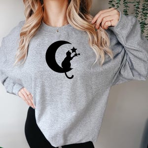 Embroidered Black Cat On The Moon Unisex Crewneck Sweatshirt, Cute Cat Embroidered Sweatshirt