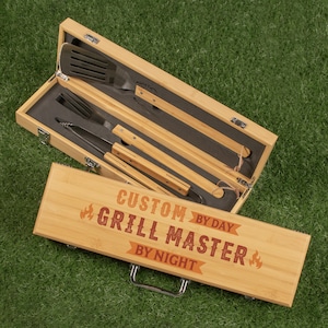 Custom Name By Day Grill Master By Night BBQ Grill Set, Fun Gift for Dad, UV Printed Father&#39;s Day Grill Master Bamboo Grill Tools Set
