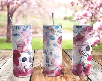 Floral Skulls Skinny Tumbler 20oz Travel Coffee with Lid and Straw Stainless Steel Insulated Hot or Cold, Cute Tumbler