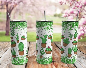 Cactus Pattern Skinny Tumbler – 20oz Stainless Steel Insulated Cup with Lid & Straw, Cute Desert Coffee Mug, Succulent Gift Idea