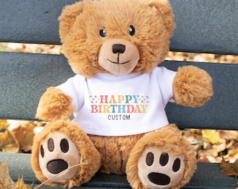 Custom Happy Birthday Stuffed Bear, Cute Personalized Birthday Celebration Gift Present Stuffed Animal, Personalized Birthday Bear