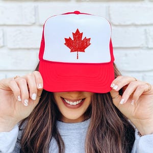 Distressed Maple Leaf Trucker Cap | White Maple Leaf & Canada Flag Inspired | Adjustable Unisex Baseball Hat | Trendy Trucker Hat
