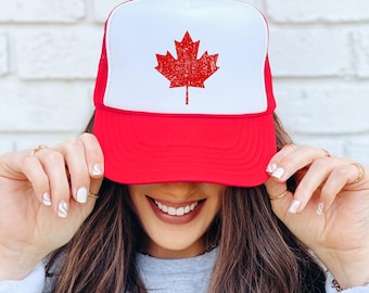Distressed Maple Leaf Trucker Cap | White Maple Leaf & Canada Flag Inspired | Adjustable Unisex Baseball Hat | Trendy Trucker Hat
