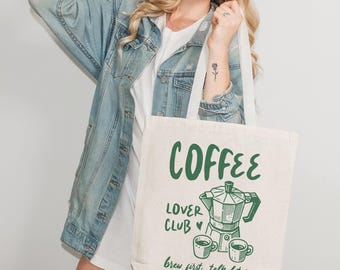 Coffee Lover Club (Brew First, Talk Later) Canvas Tote Bag, Cute Coffee Addict Travel Bag, Cafe Vibes Gift for Coffee Lovers, Caffeine Fans