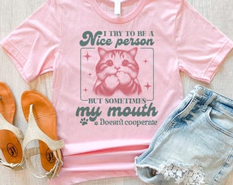 May include: Pink t-shirt with a cute cartoon cat and the text "I try to be a nice person but sometimes my mouth doesn't cooperate".