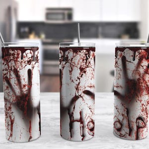 Help Horror Bloody Handprint Skinny Tumbler 20oz Travel Coffee with Lid and Straw Stainless Steel Insulated Hot or Cold, Cute Tumbler