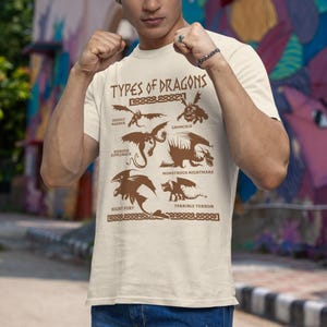 May include: A cream-colored t-shirt featuring a brown graphic of various dragon types, including Deadly Nadder, Gronckle, and Night Fury. The text "TYPES OF DRAGONS" is printed above the illustrations. The shirt is made of a soft material.