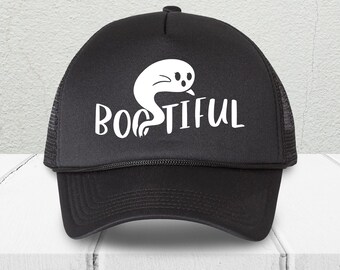 Simply Boo-tiful HX Foam Black Trucker Cap, Spooky Cap for Her, Cute Trendy Halloween Hat, Cute Retro Mesh Hat, Gift for Bestie