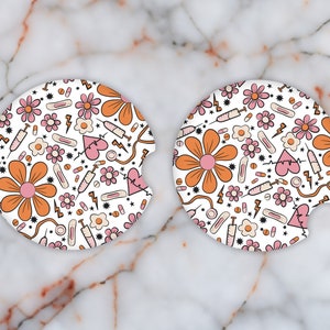 Retro Nurse Pattern Ceramic Car Coasters, Set of 2 Car Drink Holder Coasters, Cute Gift for Road Trip, Cute New Car Gift