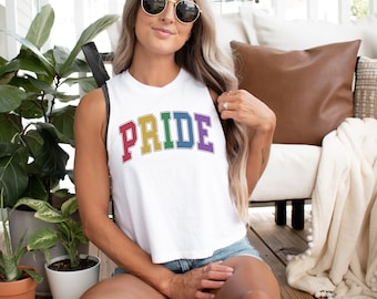 Pride Rainbow Arch Racer Crop Tank, Cute Gay Pride Rainbow Cropped Tank Top, LGBTQ Tank, Gay Pride Festival Top, Colorful Summer Tank