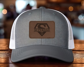Super Dad Richardson 112 Mesh Back Trucker Cap Engraved Faux-Leather Patch Adjustable Hat, Father's Day Gift for Dad
