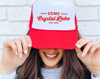Camp Crystal Lake Trucker Cap | Cute & Funny Women's Baseball Cap, Horror Movie Hat, Retro 80s Style, Trendy Summer Hat, Adjustable Mesh Cap