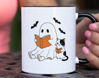 Reading Books Cat and Ghost Coffee Mug, Cute Autumn Spooky Witchy Halloween Mug, Fall Vibes Gift, Cozy Coffee Cup for Book Lovers